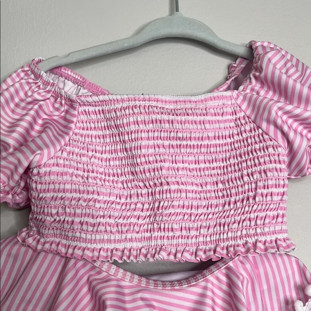 Pink Striped Off-Shoulder Top and Skirt Swim Set